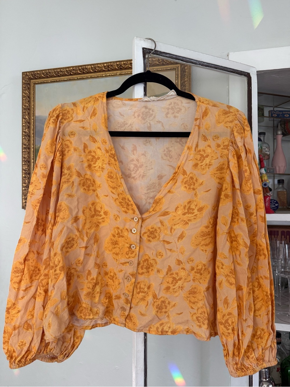 Jen's Pirate Booty Orange Floral V-Neck Button-Front Blouse